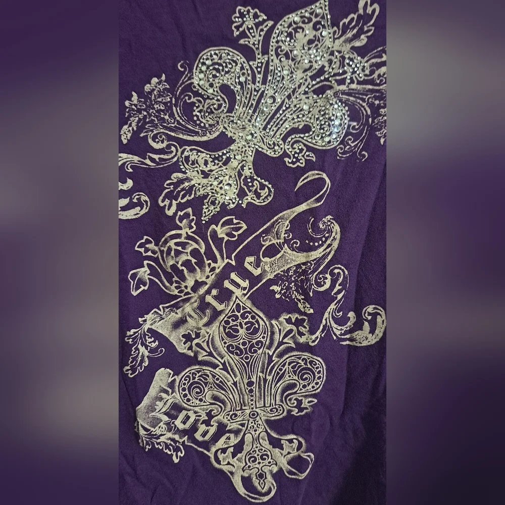 Blu Chic Rhinestone Sheer Attached Sleeve Purple and Black Women's Top - Picture 3 of 5